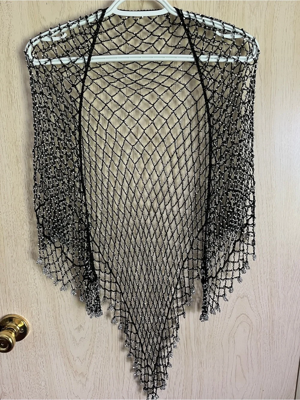 SILVER BEADED Fishnet Crochet Black CROCHET Boho Shawl